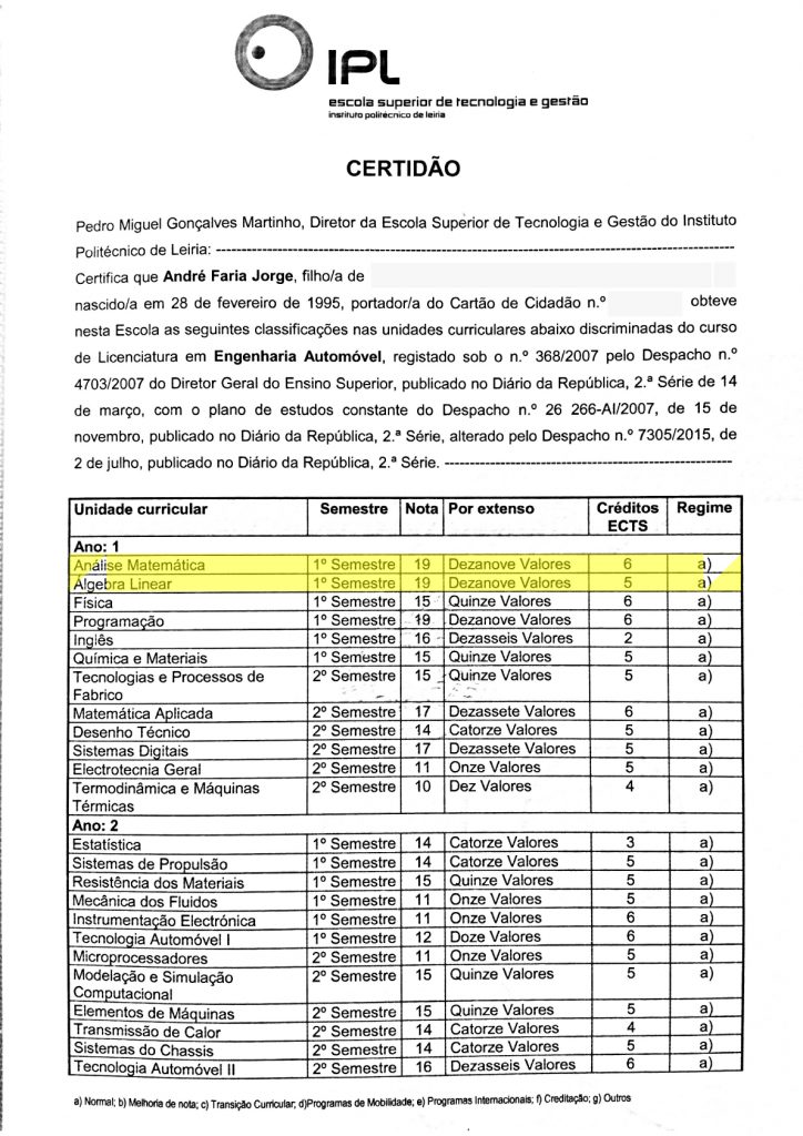 Certidão de Licenciatura em Engenharia Automóvel - André Jorge